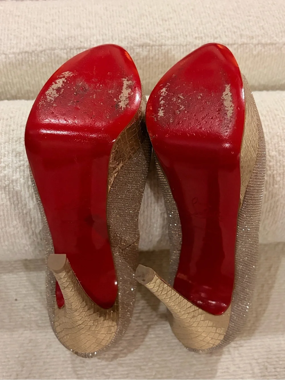 Christian Louboutin Gold /Silver Glitter Lady Peep Platform Stilettos
